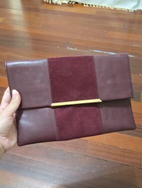 Burgundy Leather & Suede Clutch with Gold Bar